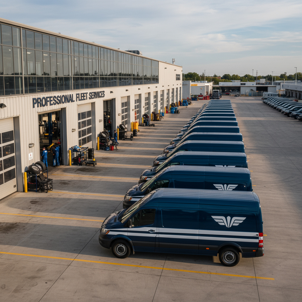 Row of serviced commercial vans with consistent finishes