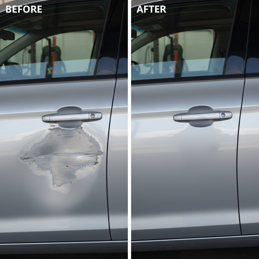 Side-by-side before and after of a door repaint