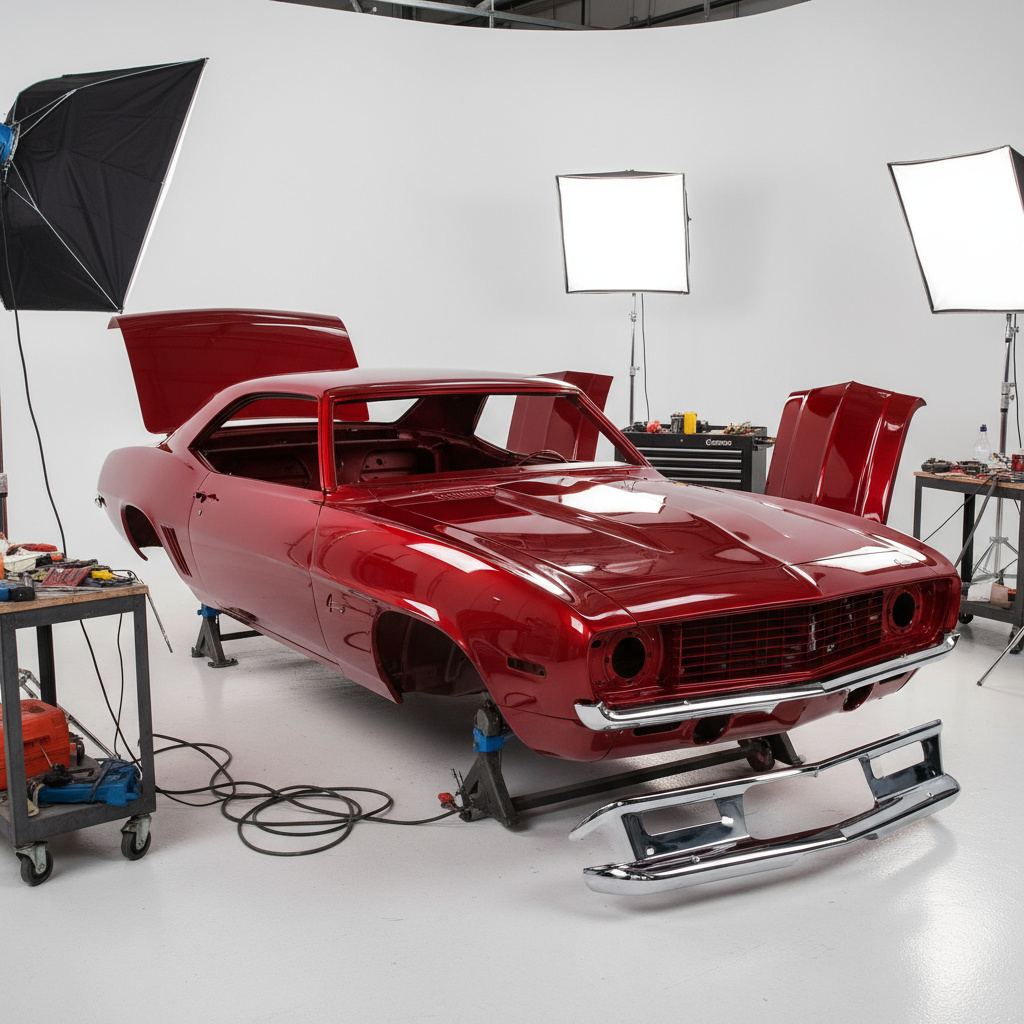 Classic car with freshly painted body panels