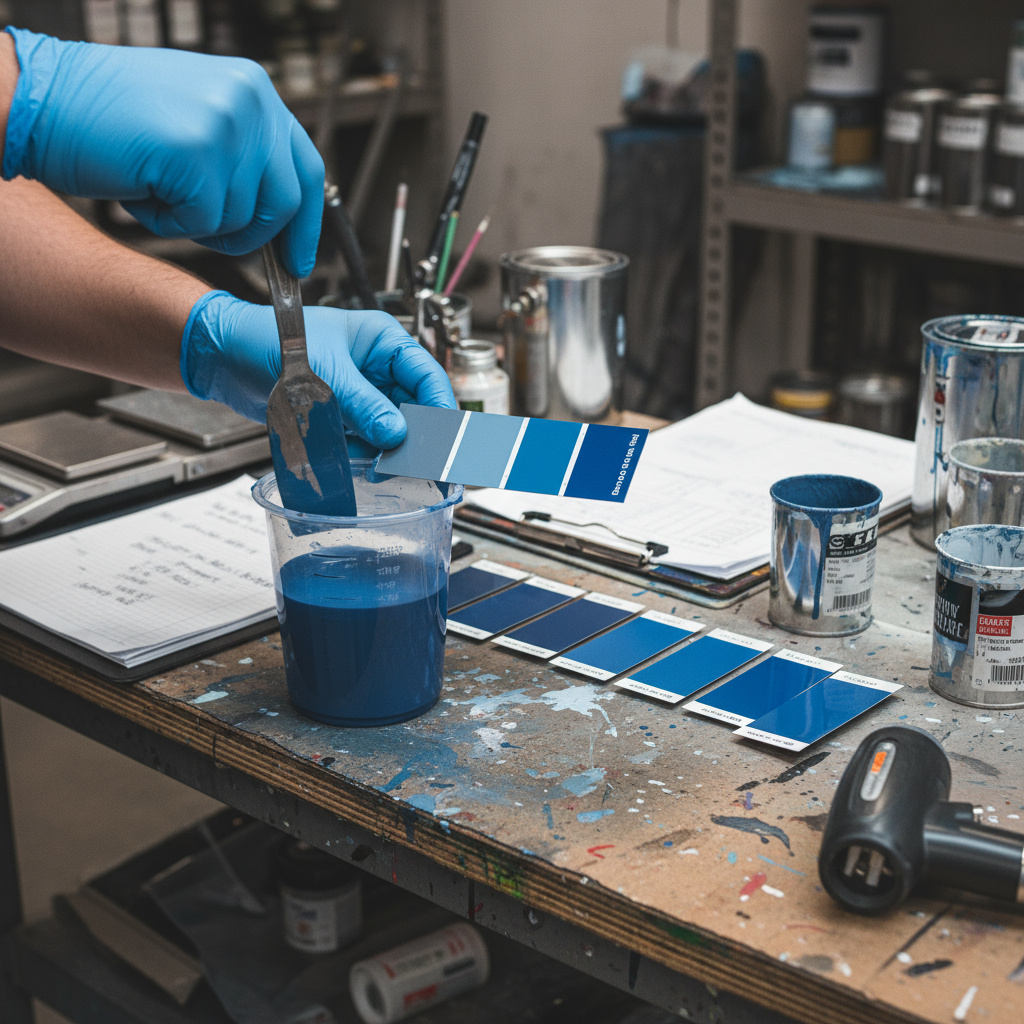 Technician mixing and matching automotive paint