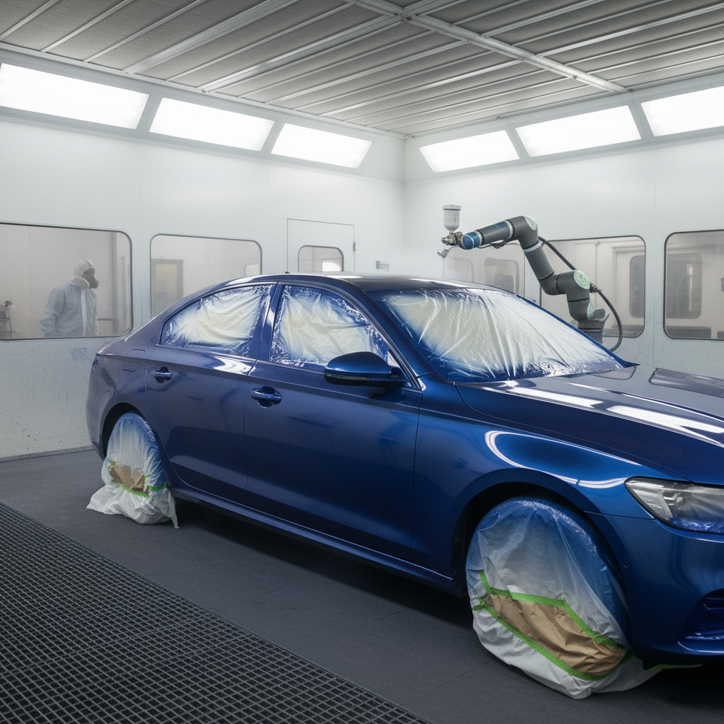 Vehicle spray painting in controlled booth